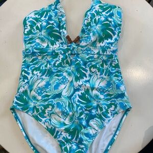 Time & Tru NWT Blue & Green Floral Womens One Piece Swimsuit Hi Cut Leg Tie Neck
